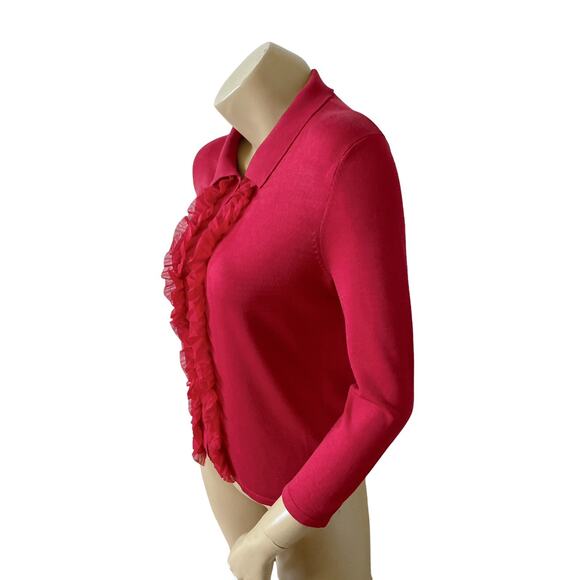 MARY JANE MARCASIANO Womens Size Small Silk Blend Red Ruffled Cardigan Sweater - Picture 2 of 6